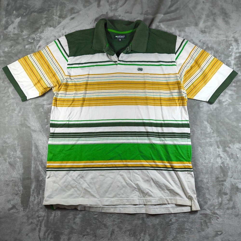 Vintage Ecko Polo Shirt Mens 3XL Green Yellow Striped Rhino Streetwear Y2k